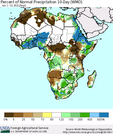 Africa Percent of Normal Precipitation 10-Day (WMO) Thematic Map For 1/1/2022 - 1/10/2022