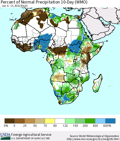 Africa Percent of Normal Precipitation 10-Day (WMO) Thematic Map For 1/6/2022 - 1/15/2022