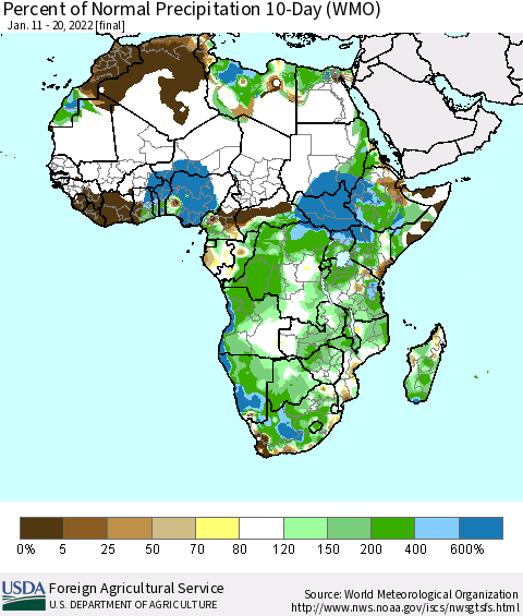 Africa Percent of Normal Precipitation 10-Day (WMO) Thematic Map For 1/11/2022 - 1/20/2022