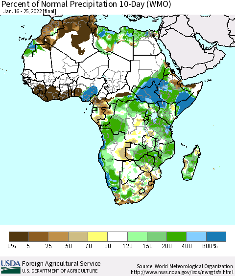 Africa Percent of Normal Precipitation 10-Day (WMO) Thematic Map For 1/16/2022 - 1/25/2022