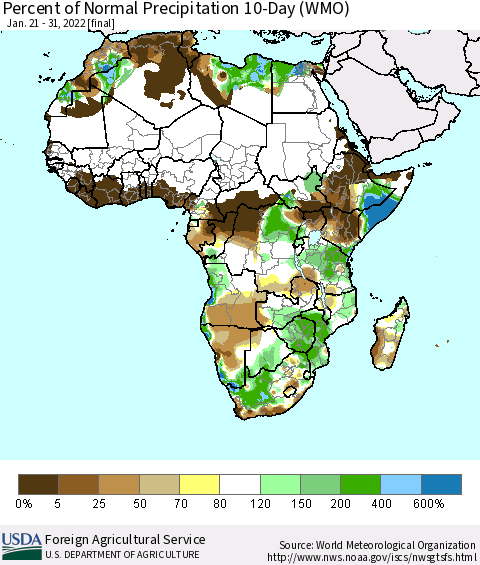 Africa Percent of Normal Precipitation 10-Day (WMO) Thematic Map For 1/21/2022 - 1/31/2022