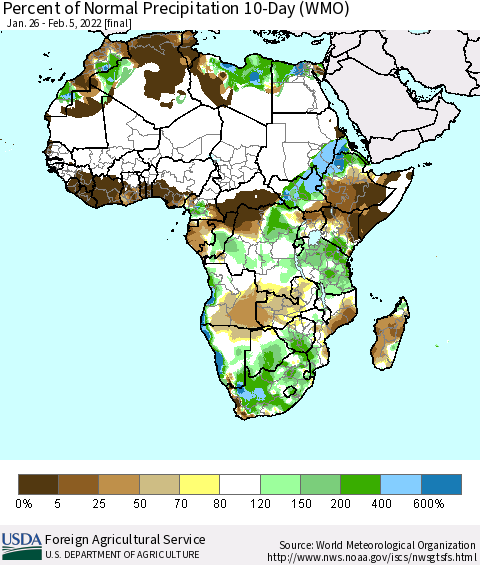 Africa Percent of Normal Precipitation 10-Day (WMO) Thematic Map For 1/26/2022 - 2/5/2022