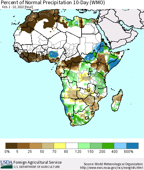Africa Percent of Normal Precipitation 10-Day (WMO) Thematic Map For 2/1/2022 - 2/10/2022