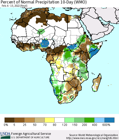 Africa Percent of Normal Precipitation 10-Day (WMO) Thematic Map For 2/6/2022 - 2/15/2022