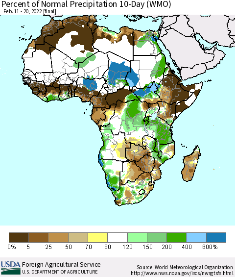 Africa Percent of Normal Precipitation 10-Day (WMO) Thematic Map For 2/11/2022 - 2/20/2022