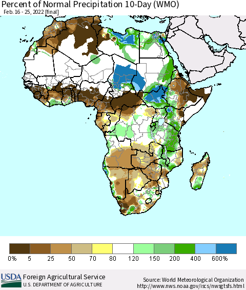 Africa Percent of Normal Precipitation 10-Day (WMO) Thematic Map For 2/16/2022 - 2/25/2022