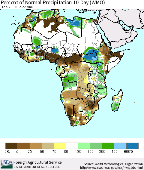 Africa Percent of Normal Precipitation 10-Day (WMO) Thematic Map For 2/21/2022 - 2/28/2022