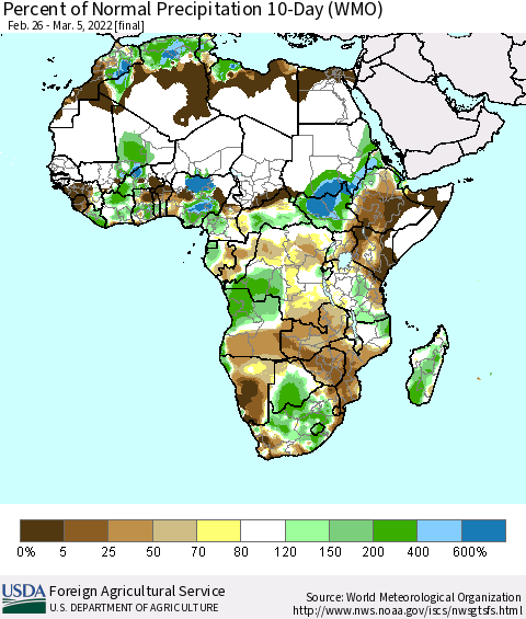 Africa Percent of Normal Precipitation 10-Day (WMO) Thematic Map For 2/26/2022 - 3/5/2022