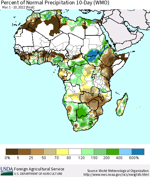 Africa Percent of Normal Precipitation 10-Day (WMO) Thematic Map For 3/1/2022 - 3/10/2022