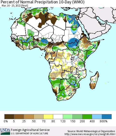 Africa Percent of Normal Precipitation 10-Day (WMO) Thematic Map For 3/16/2022 - 3/25/2022