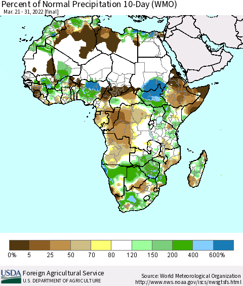 Africa Percent of Normal Precipitation 10-Day (WMO) Thematic Map For 3/21/2022 - 3/31/2022