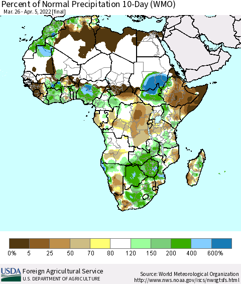 Africa Percent of Normal Precipitation 10-Day (WMO) Thematic Map For 3/26/2022 - 4/5/2022
