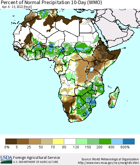 Africa Percent of Normal Precipitation 10-Day (WMO) Thematic Map For 4/6/2022 - 4/15/2022