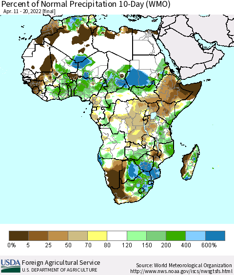 Africa Percent of Normal Precipitation 10-Day (WMO) Thematic Map For 4/11/2022 - 4/20/2022