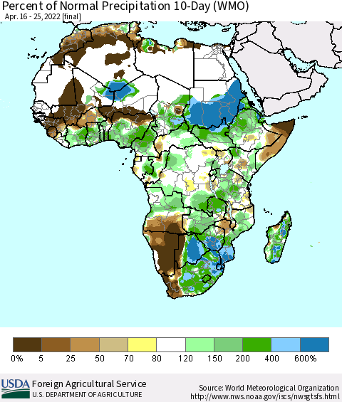 Africa Percent of Normal Precipitation 10-Day (WMO) Thematic Map For 4/16/2022 - 4/25/2022
