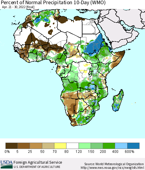 Africa Percent of Normal Precipitation 10-Day (WMO) Thematic Map For 4/21/2022 - 4/30/2022