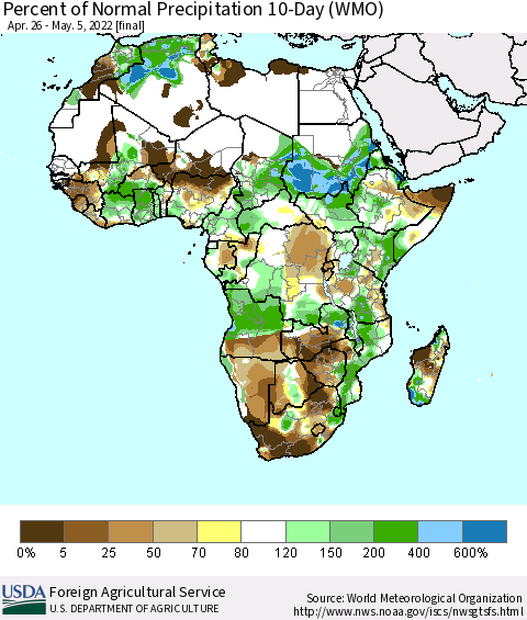 Africa Percent of Normal Precipitation 10-Day (WMO) Thematic Map For 4/26/2022 - 5/5/2022