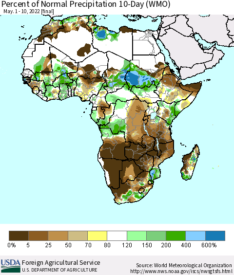 Africa Percent of Normal Precipitation 10-Day (WMO) Thematic Map For 5/1/2022 - 5/10/2022