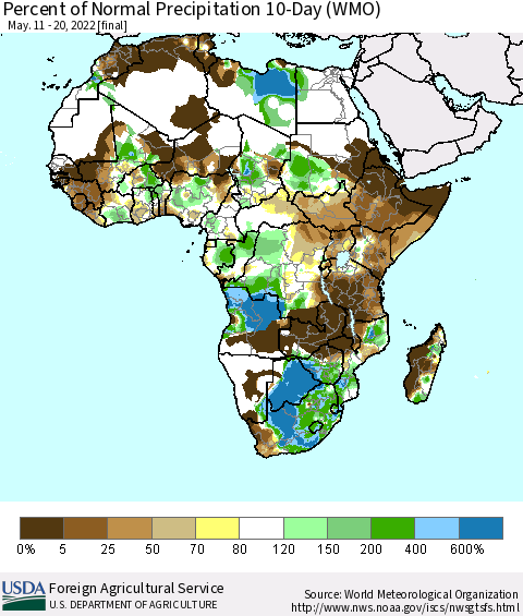 Africa Percent of Normal Precipitation 10-Day (WMO) Thematic Map For 5/11/2022 - 5/20/2022
