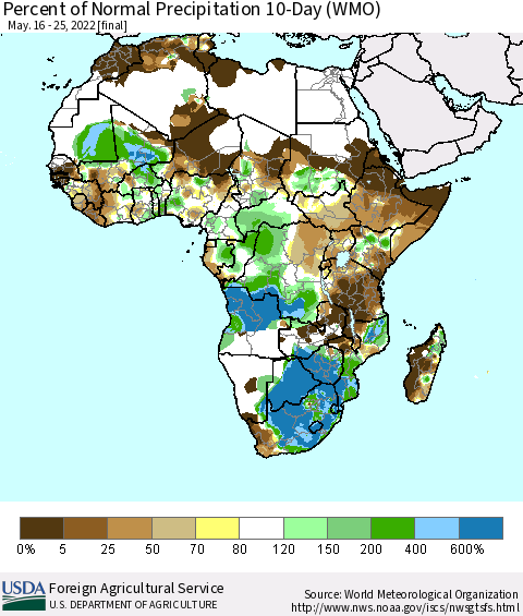 Africa Percent of Normal Precipitation 10-Day (WMO) Thematic Map For 5/16/2022 - 5/25/2022