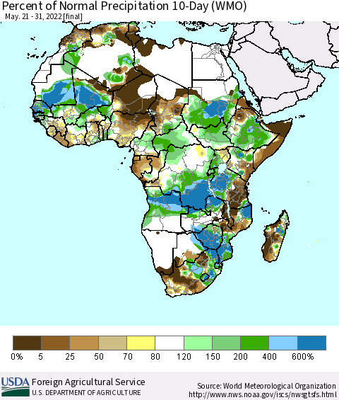 Africa Percent of Normal Precipitation 10-Day (WMO) Thematic Map For 5/21/2022 - 5/31/2022