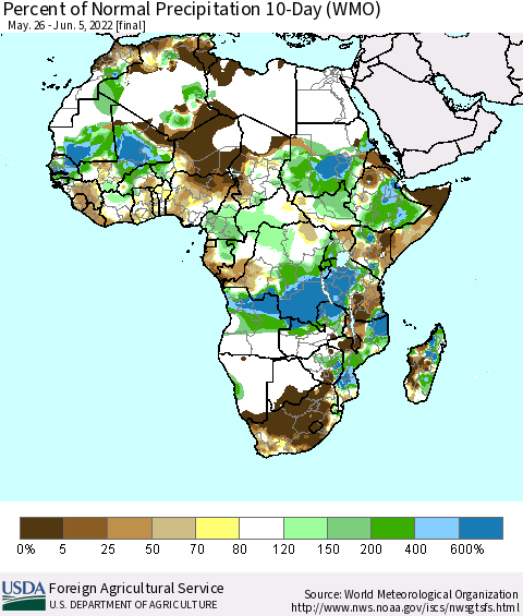 Africa Percent of Normal Precipitation 10-Day (WMO) Thematic Map For 5/26/2022 - 6/5/2022