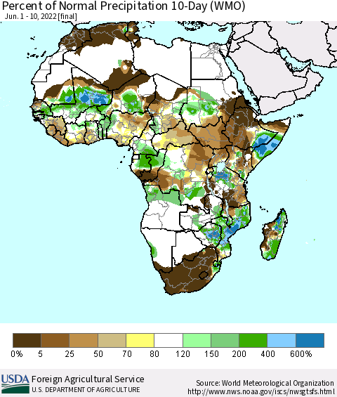 Africa Percent of Normal Precipitation 10-Day (WMO) Thematic Map For 6/1/2022 - 6/10/2022