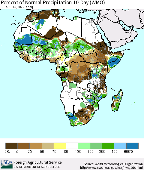 Africa Percent of Normal Precipitation 10-Day (WMO) Thematic Map For 6/6/2022 - 6/15/2022