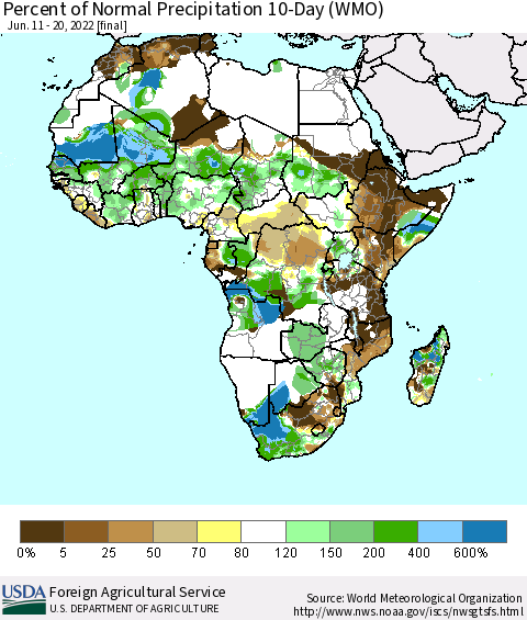 Africa Percent of Normal Precipitation 10-Day (WMO) Thematic Map For 6/11/2022 - 6/20/2022