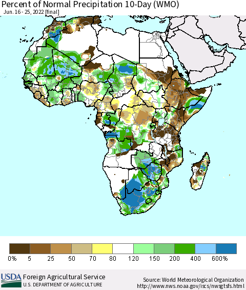 Africa Percent of Normal Precipitation 10-Day (WMO) Thematic Map For 6/16/2022 - 6/25/2022