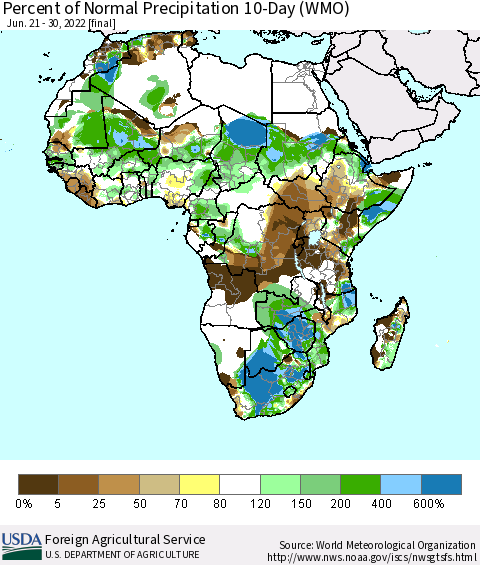 Africa Percent of Normal Precipitation 10-Day (WMO) Thematic Map For 6/21/2022 - 6/30/2022