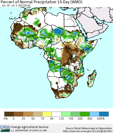 Africa Percent of Normal Precipitation 10-Day (WMO) Thematic Map For 6/26/2022 - 7/5/2022