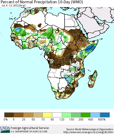 Africa Percent of Normal Precipitation 10-Day (WMO) Thematic Map For 7/6/2022 - 7/15/2022