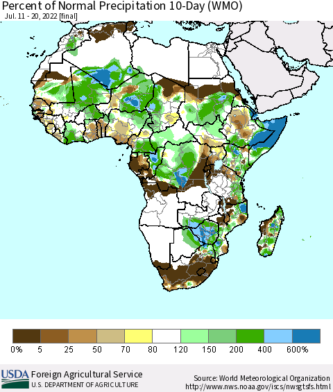 Africa Percent of Normal Precipitation 10-Day (WMO) Thematic Map For 7/11/2022 - 7/20/2022