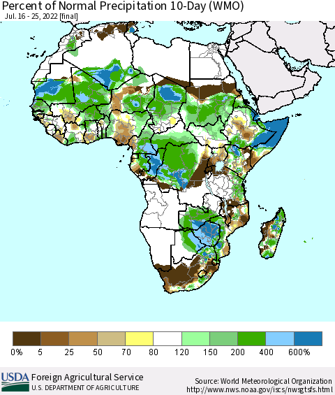 Africa Percent of Normal Precipitation 10-Day (WMO) Thematic Map For 7/16/2022 - 7/25/2022