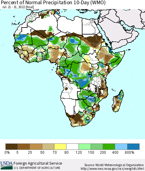 Africa Percent of Normal Precipitation 10-Day (WMO) Thematic Map For 7/21/2022 - 7/31/2022