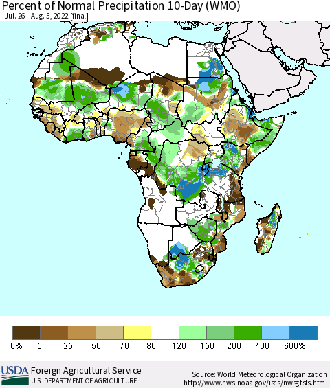 Africa Percent of Normal Precipitation 10-Day (WMO) Thematic Map For 7/26/2022 - 8/5/2022