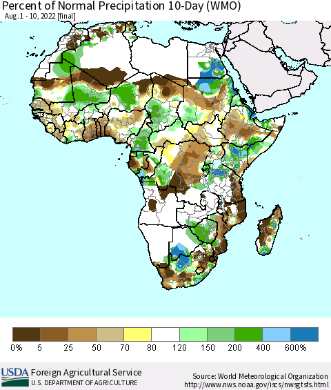 Africa Percent of Normal Precipitation 10-Day (WMO) Thematic Map For 8/1/2022 - 8/10/2022