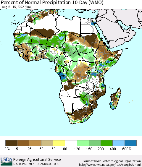 Africa Percent of Normal Precipitation 10-Day (WMO) Thematic Map For 8/6/2022 - 8/15/2022