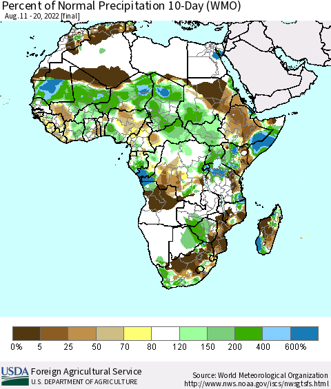 Africa Percent of Normal Precipitation 10-Day (WMO) Thematic Map For 8/11/2022 - 8/20/2022