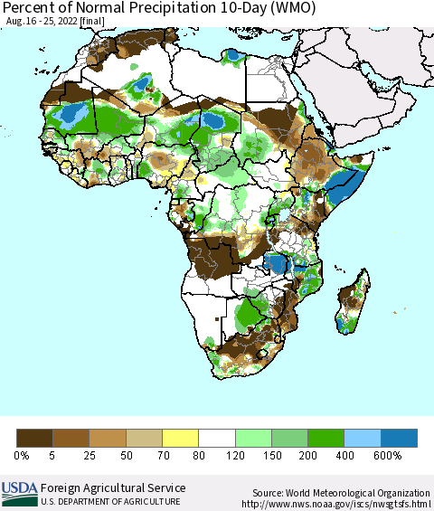 Africa Percent of Normal Precipitation 10-Day (WMO) Thematic Map For 8/16/2022 - 8/25/2022