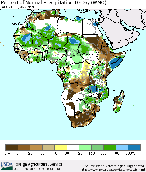 Africa Percent of Normal Precipitation 10-Day (WMO) Thematic Map For 8/21/2022 - 8/31/2022