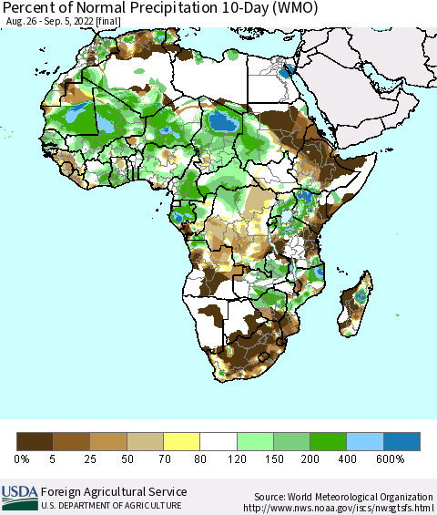 Africa Percent of Normal Precipitation 10-Day (WMO) Thematic Map For 8/26/2022 - 9/5/2022
