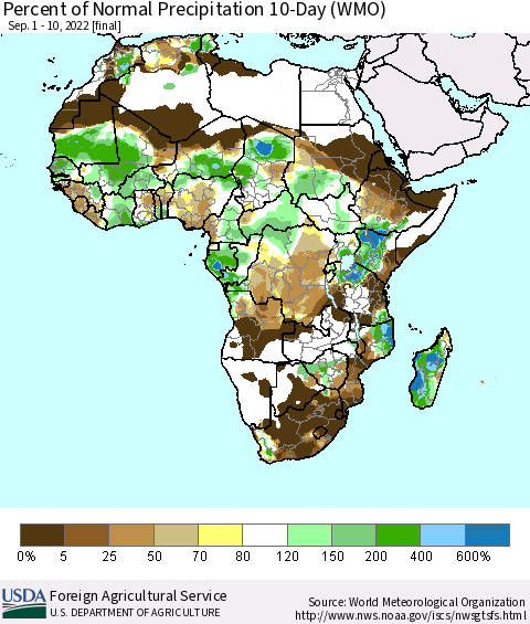 Africa Percent of Normal Precipitation 10-Day (WMO) Thematic Map For 9/1/2022 - 9/10/2022
