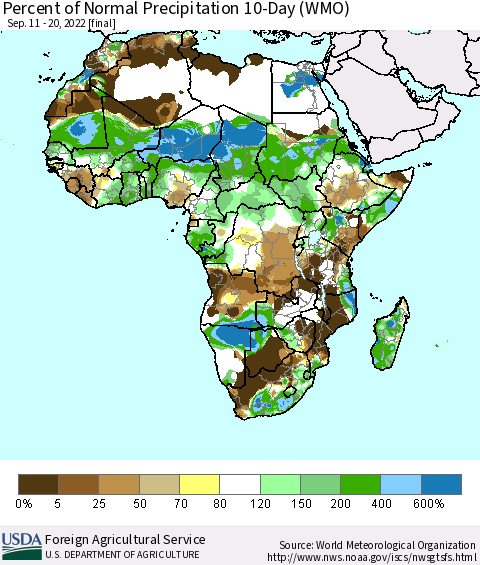 Africa Percent of Normal Precipitation 10-Day (WMO) Thematic Map For 9/11/2022 - 9/20/2022