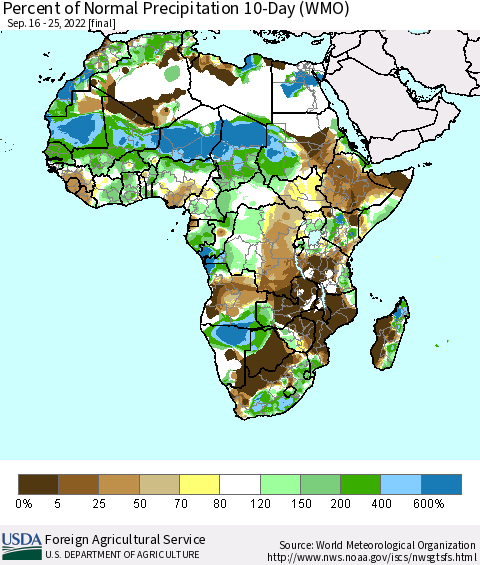 Africa Percent of Normal Precipitation 10-Day (WMO) Thematic Map For 9/16/2022 - 9/25/2022
