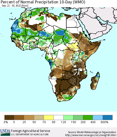 Africa Percent of Normal Precipitation 10-Day (WMO) Thematic Map For 9/21/2022 - 9/30/2022