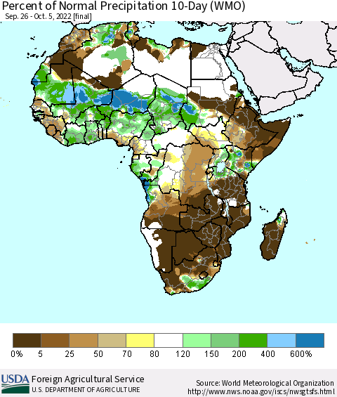 Africa Percent of Normal Precipitation 10-Day (WMO) Thematic Map For 9/26/2022 - 10/5/2022