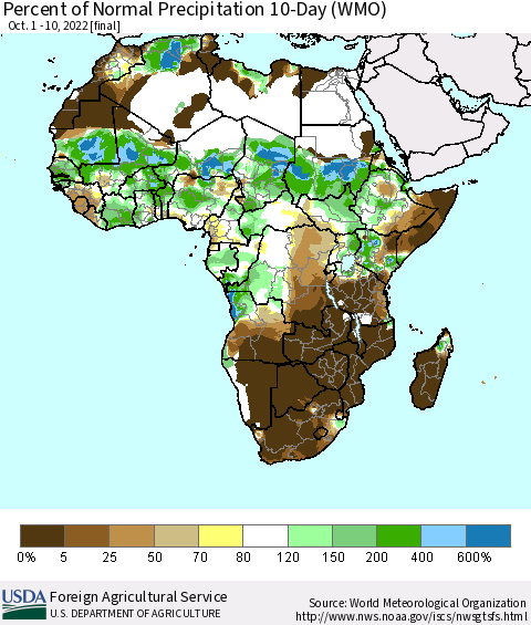 Africa Percent of Normal Precipitation 10-Day (WMO) Thematic Map For 10/1/2022 - 10/10/2022