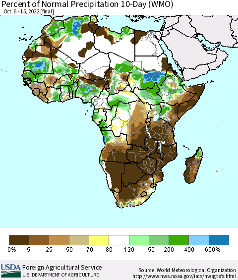 Africa Percent of Normal Precipitation 10-Day (WMO) Thematic Map For 10/6/2022 - 10/15/2022